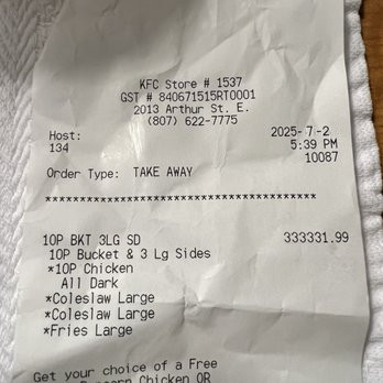 Receipt from KFC donation
